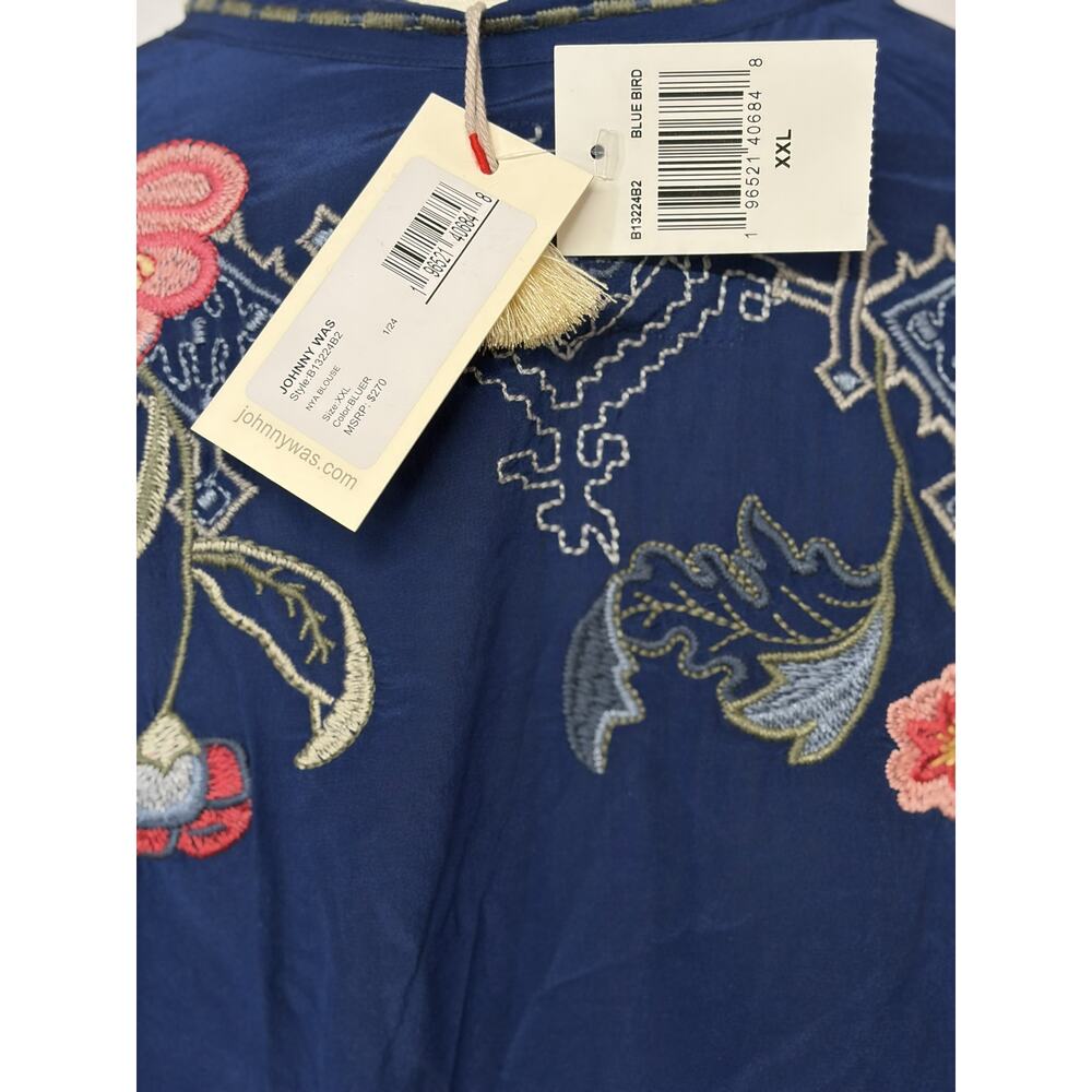 Johnny Was Blue Bird Silk Embroidered Tunic Blouse XXL NWT Floral Boho Peasant - Picture 7 of 9